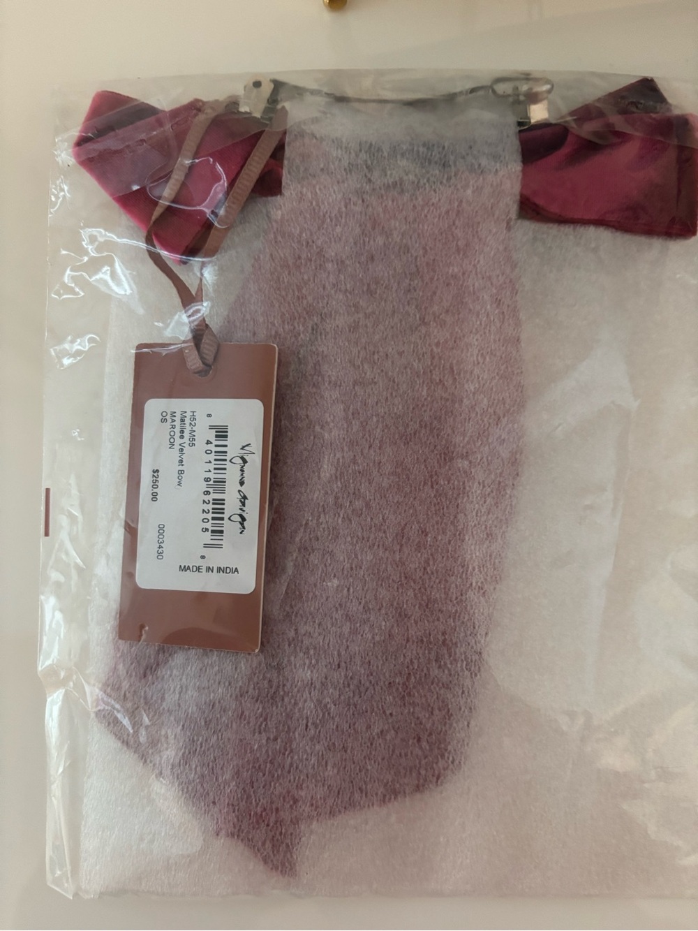 Mignonne Gavigan MaroonVelvet Bow Clip with Crystal Embellishments NWT - Picture 3 of 5